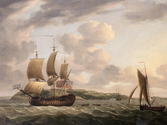Dominic Serres (Auch 1722-1793 London) H.M.S. Brunswick, commanded by Captain John Harvey, passing Mount Edgcumbe as she heads into Plymouth Sound and thence open water