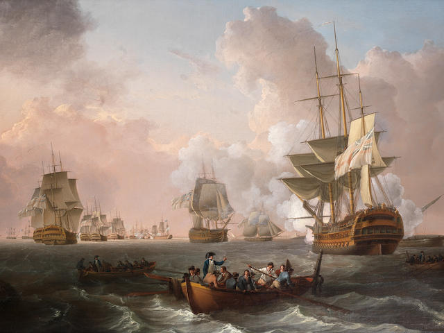 William Anderson (British, 1757-1837) H.M.S. Culloden, under Captain Troubridge's command, stranded on a shoal off Aboukir Island as the battle of the Nile rages in the distance ahead of her
