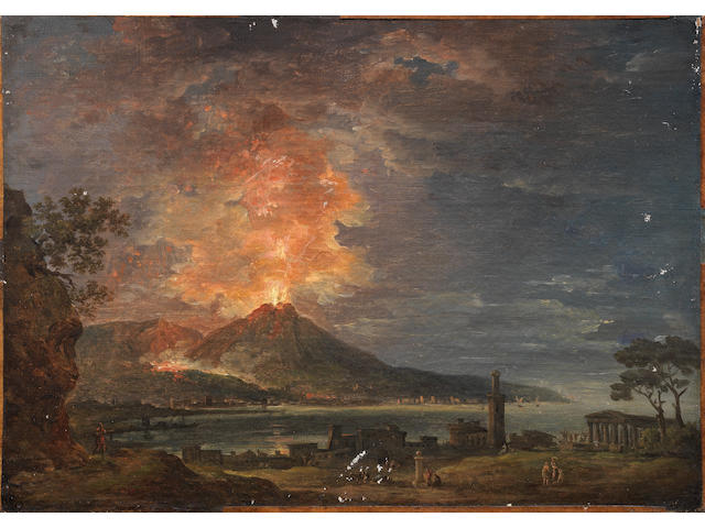 Jean Baptiste Francois Genillion (Paris 1750-1829) A capriccio of classical ruins with a volcano erupting on the horizon