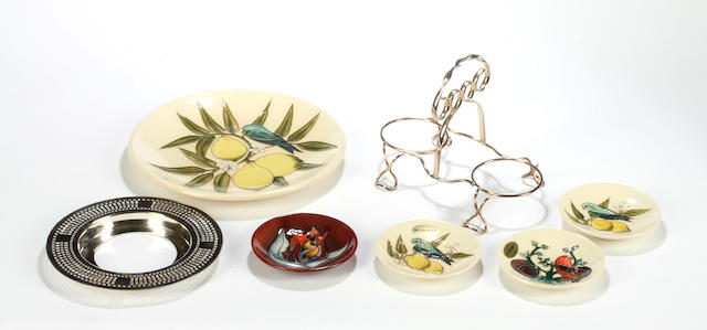 A small quantity of Moorcroft pottery, a silver dish and a silver electroplated stand