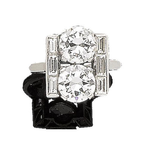 An art deco diamond two-stone ring,