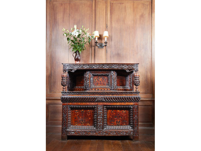 An impressive mid-17th century carved oak, marquetry and parquetry inlaid court cupboard, Leeds, Yorkshire, circa 1640-60