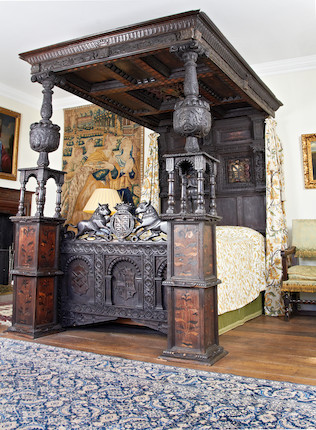 Bonhams : An impressive Elizabeth I oak and inlaid tester bed, circa 1580,  bearing the coat of arms of the Ratcliffes of Ordsall Hall, Lancashire,  incorporating some associated and some later elements