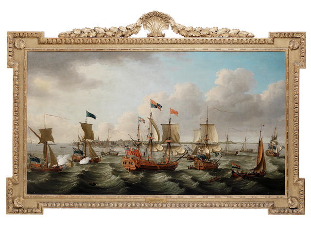 John Cleveley the Elder (Southwark circa 1712-1777 Deptford) The flotilla of ships, led by the Royal Charlotte in company with five other royal yachts, arriving off Harwich on 6 September 1761, after conveying Princess Charlotte of Mecklenburg-Strelitz to England for her marriage to George III (in a reproduction William Kent frame )