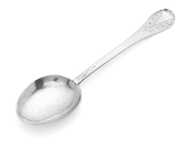 A late 17th century silver trefid spoon probably by Alexander Galloway of Aberdeen, three marks; indistinct mark, AG, indistinct mark, c1672-78