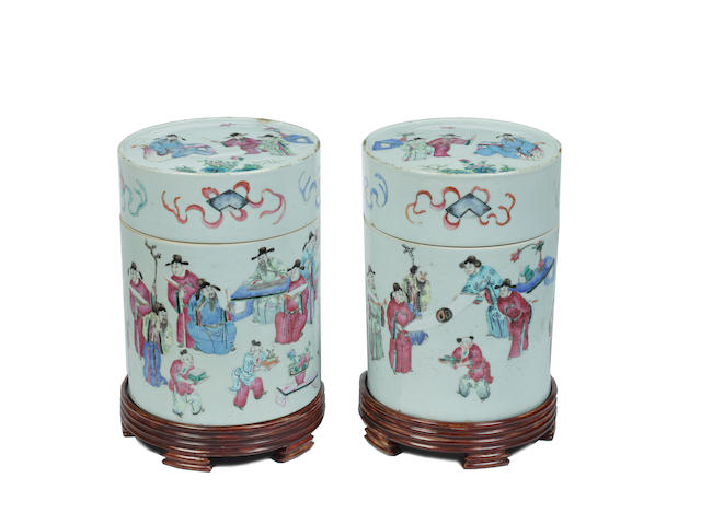 A pair of Chinese famille rose cylindrical jars and covers Late 18th/early 19th Century