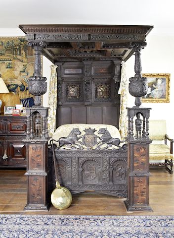 bonhams an impressive elizabeth i oak and inlaid tester bed circa 1580 bearing the coat of arms of the ratcliffes of ordsall hall lancashire incorporating some associated and some later elements
