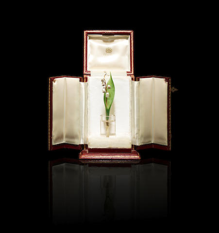 A jewelled gold, nephrite and rock crystal lily of the valley study Faberg&#233;, St. Petersburg, circa 1900 height: 13cm (5 1/8in).