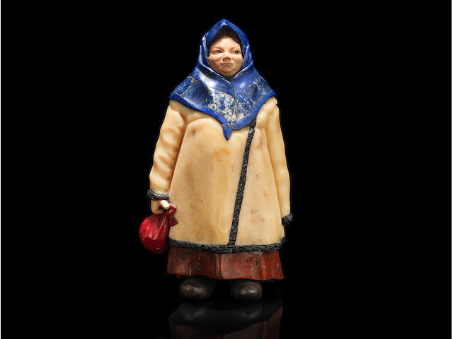 A hardstone figure of a bourgeoise (Meshchanka) Faberg&#233;, possibly Derbyshev, 1913 height: 15cm (5 7/8in).