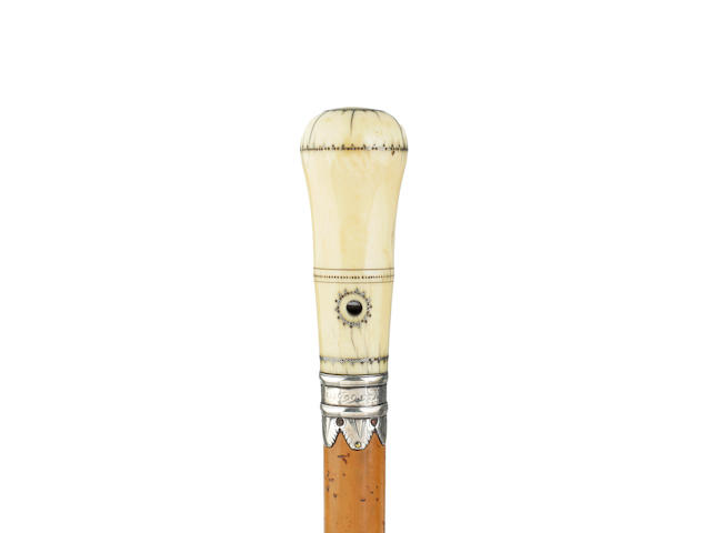 A Malacca cane, with ivory and piquet work grip