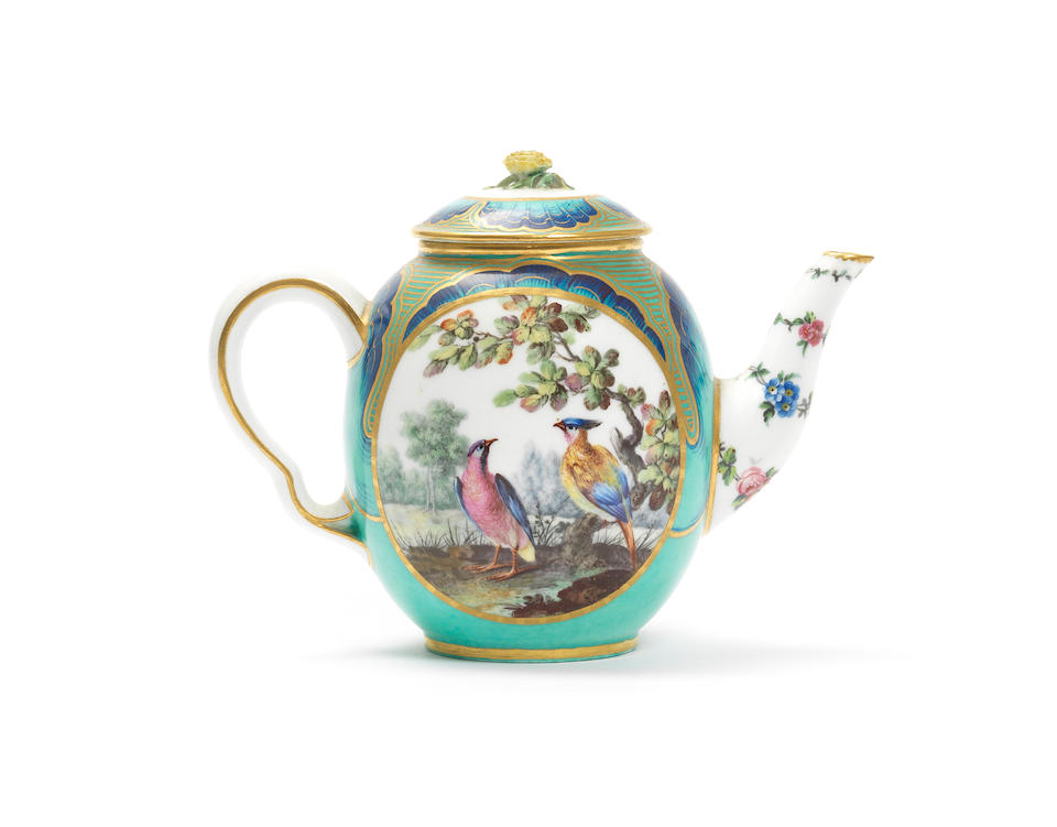 A rare S&#232;vres 'petit verd'-ground teapot and cover, circa 1765