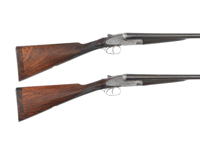 A pair of 12-bore 'Imperial Ejector' sidelock ejector guns by Lang & Hussey Ltd, no. 10904/5 In Joseph Lang & Son Ltd. brass-mounted oak and leather case (handle missing)