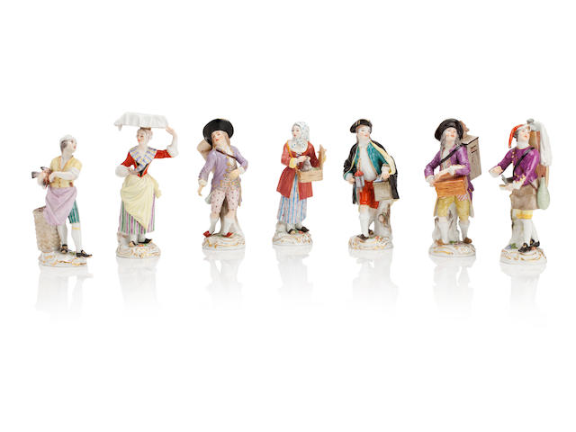 Seven Meissen figures from the Cries of Paris series Circa 1900