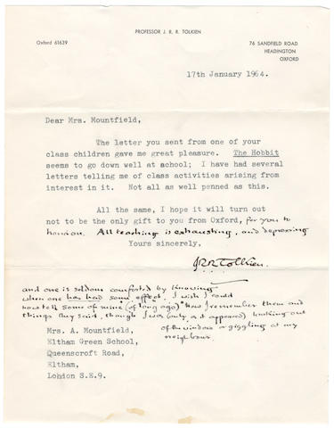 TOLKIEN (J.R.R.) Autograph and partly typed letter signed ("J.R.R. Tolkien"),  Sandfield Road, Headington, 17 January 1964