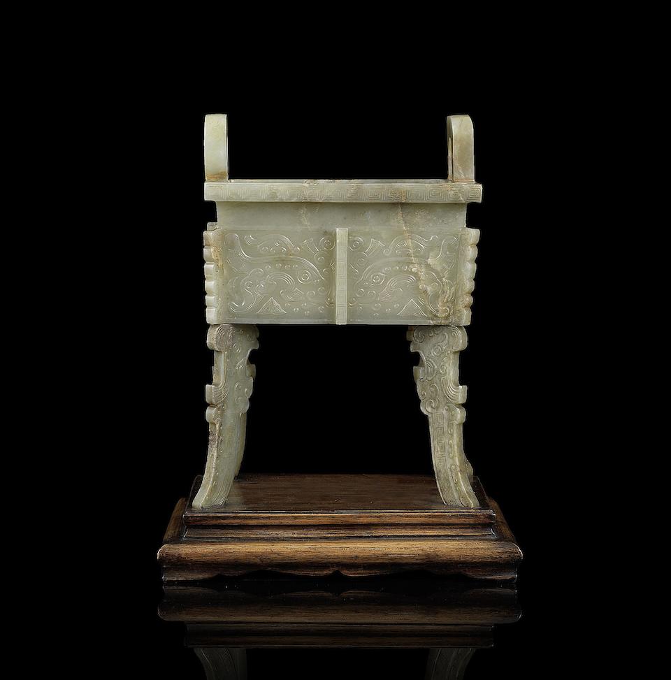 A green jade archaistic rectangular incense burner, fang ding 17th/18th century