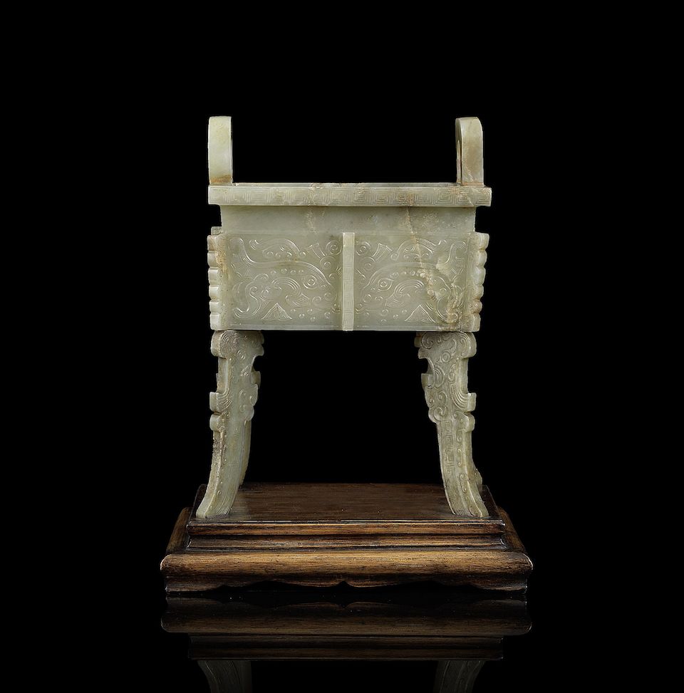 A green jade archaistic rectangular incense burner, fang ding 17th/18th century