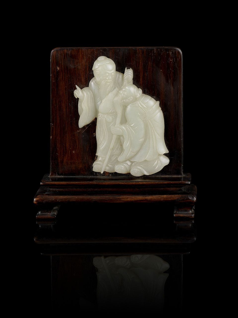 A pair of pale green jade 'two sages' plaques mounted as table screens 18th/19th century