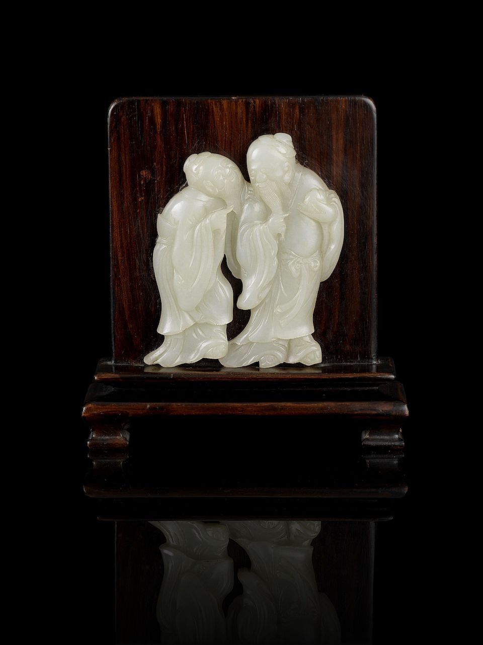 A pair of pale green jade 'two sages' plaques mounted as table screens 18th/19th century