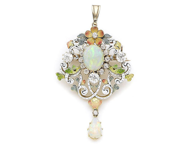 An enamel, opal, and diamond brooch/pendant,
