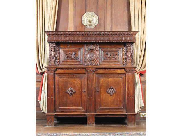 The Churche's Mansion Cupboard:  An important Elizabeth I carved oak press cupboard, circa 1577 Made for Rychard and Margerye Churche of Churche's Mansion, Nantwich, Cheshire