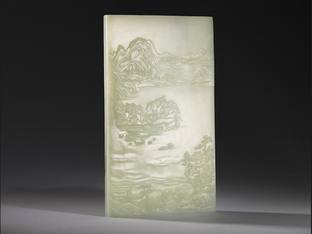 A very fine pale greenish-white jade 'landscape' rectangular table screen Qianlong
