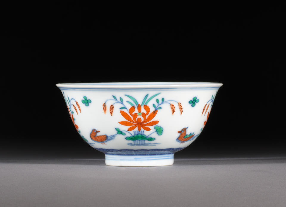 A fine doucai 'lotus pond and mandarin ducks' bowl Qianlong seal mark and of the period
