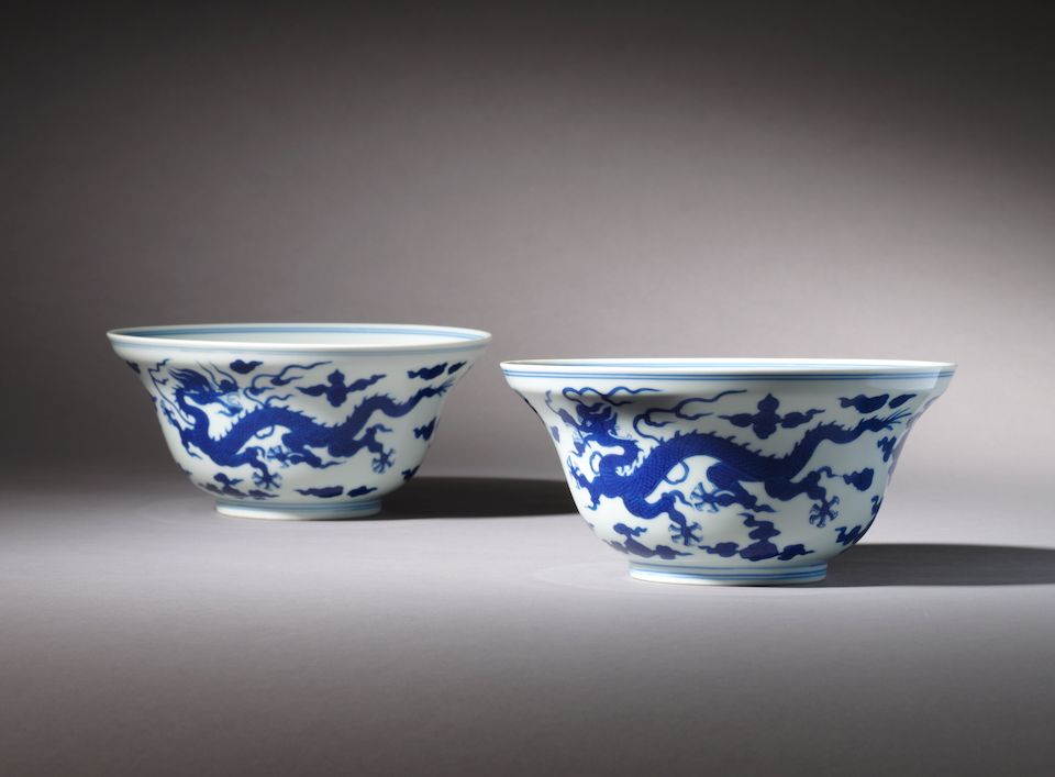 A pair of blue and white ogee-shaped 'dragon' bowls Qianlong seal marks and of the period