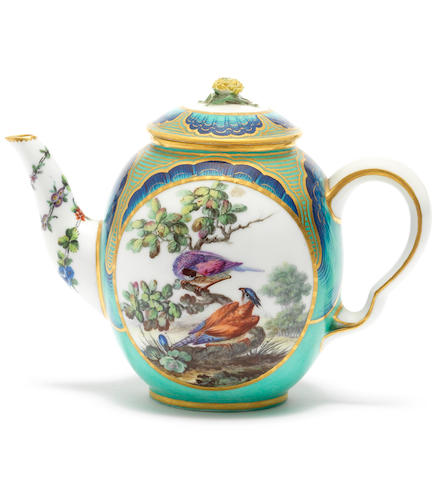 A rare S&#232;vres 'petit verd'-ground teapot and cover, circa 1765