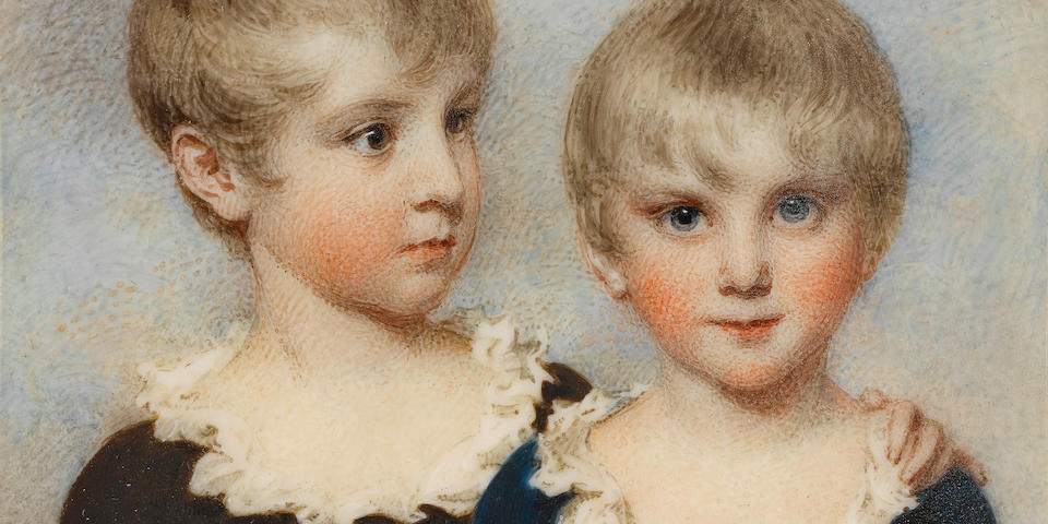 William Wood (British, 1769-1810) A rare double-portrait of 'The Beauvais Boys': Lewis and Alexander Beauvais, aged 5 and 4 years respectively; Lewis, with turned head and a protective hand on his younger brother's shoulder, wearing ivory breeches, brown jacket and white chemise with frilled collar; Alexander, facing forward and wearing cream breeches, blue jacket and white chemise with frilled collar