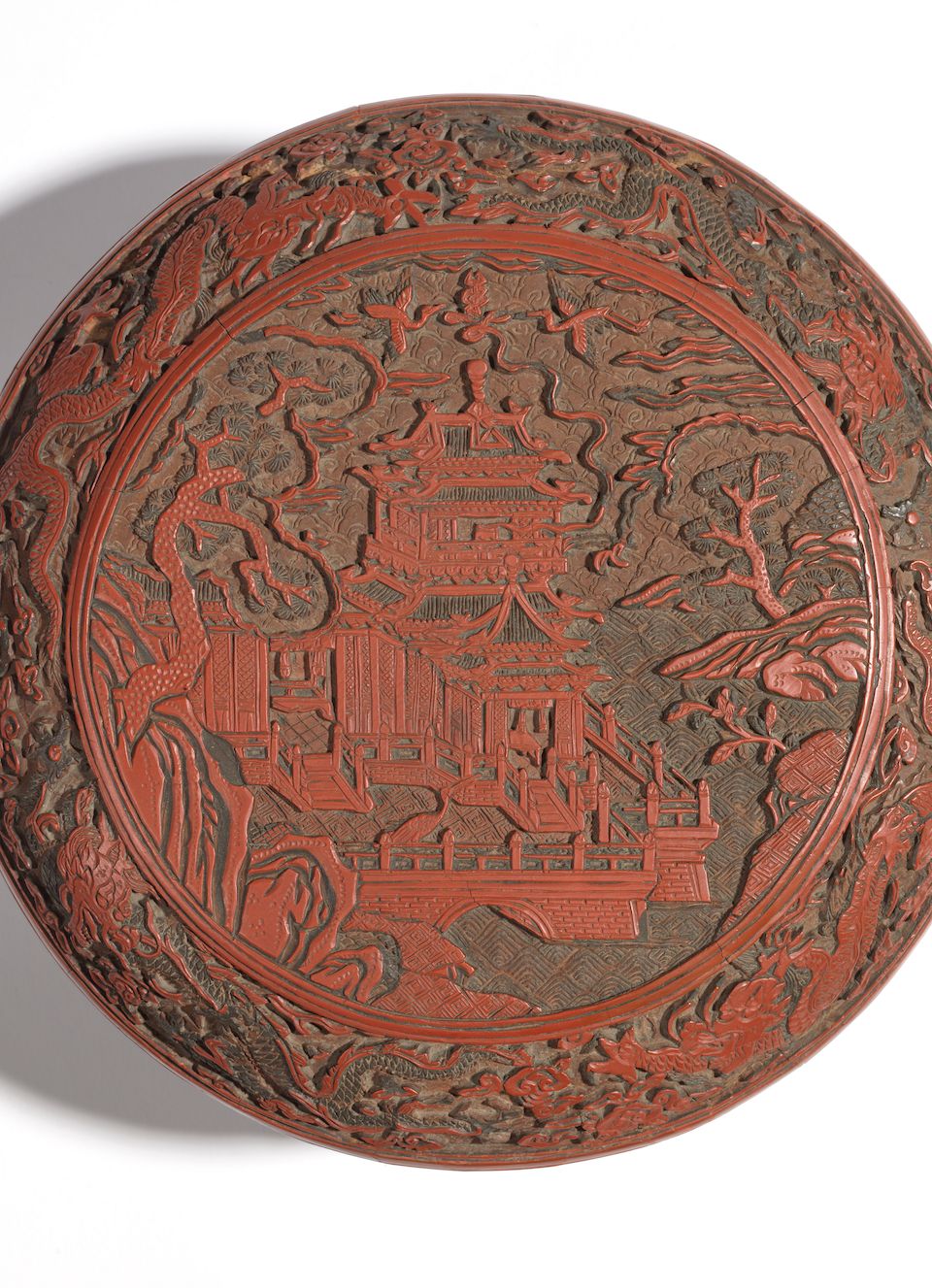 A very rare three-colour lacquer circular 'pavilion' box and and cover Jiajing six-character mark and of the period