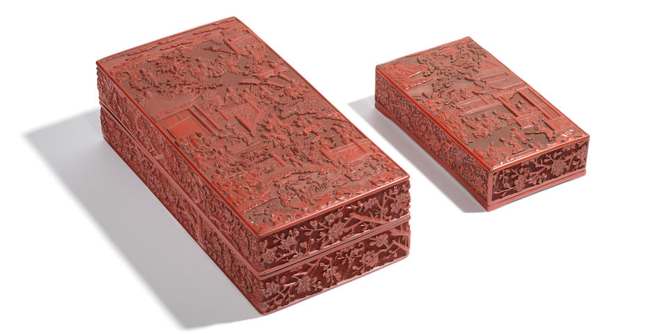 A very rare and large carved cinnabar lacquer 'one hundred boys' rectangular box and cover, with a very rare carved cinnabar lacquer 'boys' inkstone box and cover Both 16th century