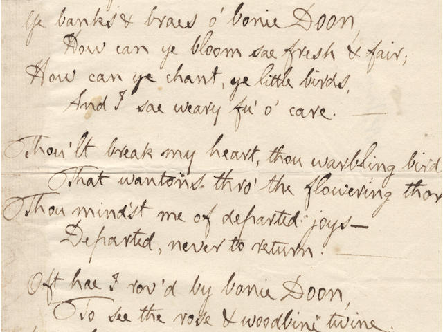 BURNS (ROBERT) Autograph manuscript of his song 'Ye Banks and Braes O'Bonnie Doon', [c. 1792]