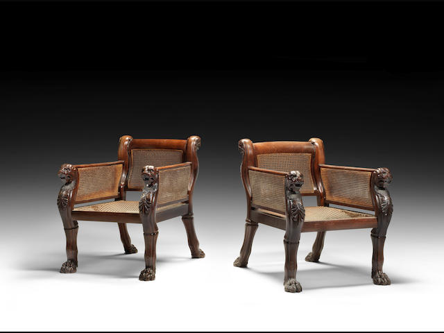 A pair of Regency carved mahogany library berg&#232;res in the manner of George Smith