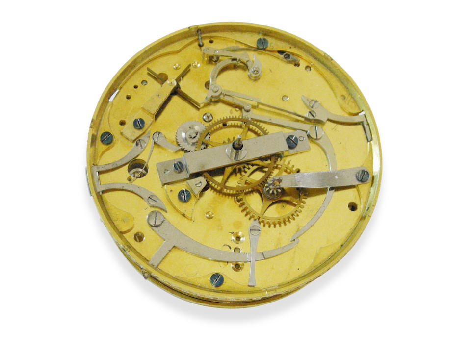 Swiss. A magnificent and very rare gold and enamel, centre-seconds, musical automaton watch with carillon on five bells and five hammers, and enamel back painted in the manner of Jean-Louis Richter   Watch attributed to John Rich, Circa 1795
