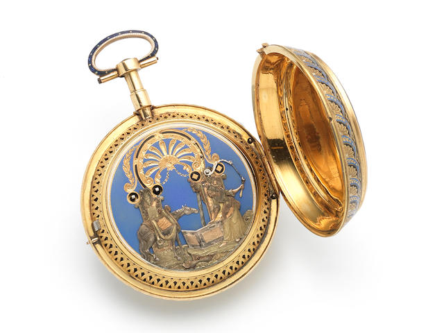 Swiss. A magnificent and very rare gold and enamel, centre-seconds, musical automaton watch with carillon on five bells and five hammers, and enamel back painted in the manner of Jean-Louis Richter   Watch attributed to John Rich, Circa 1795