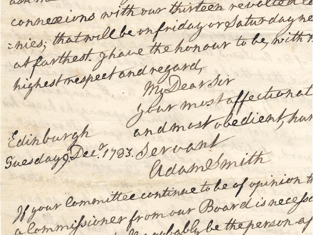 SMITH (ADAM) Autograph letter signed ("Adam Smith"),  Edinburgh, Tuesday, 9 December 1783