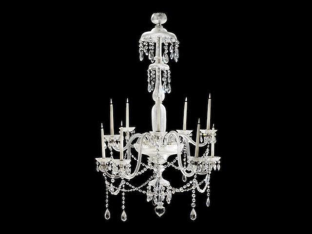 A pair of large and impressive 19th century step-cut ten light chandeliers attributed to Perry & Co.  (2)