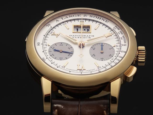 A. Lange & S&#246;hne. A fine 18ct rose gold manual wind calendar chronograph wristwatch Datograph Flyback, Case No.154472, Movement No.57086, Sold January 2007