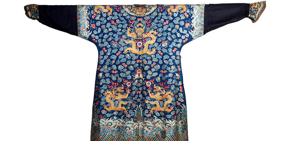 A Chinese embroidered dragon robe or chi-fu, 19th century