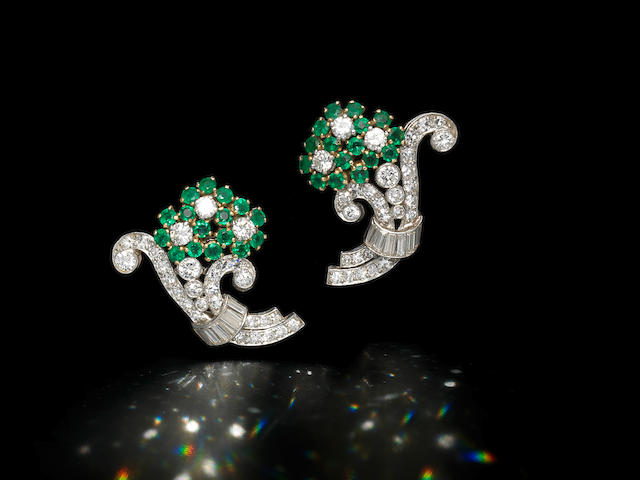 A pair of emerald and diamond flower earclips,