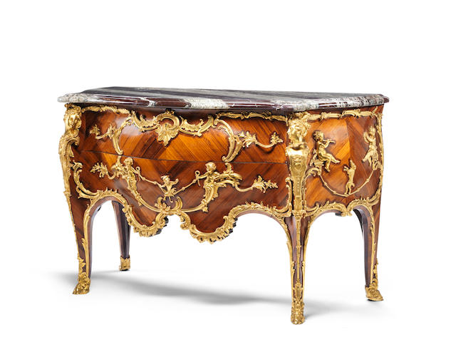 A Fine French late 19th century kingwood and gilt bronze mounted bomb&#233; commode  In the manner of Charles Cressent, retailed by Edwards and Roberts