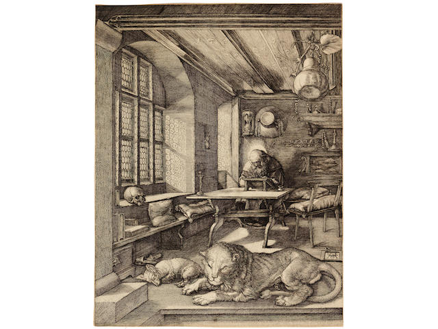 Albrecht D&#252;rer (German, 1471-1528) St Jerome in his study Engraving, 1514, a meder c impression, before the curved scratch on the ceiling, on thick laid, without a watermark, trimmed just inside the plate, 246 x 187mm (9 3/4 x 7 3/8in)(SH) unframed