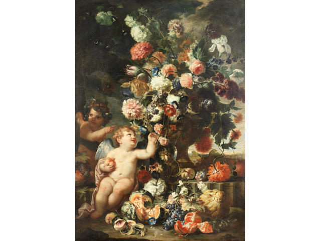 Franz Werner von Tamm, called Dapper (Hamburg 1658-1724 Vienna) Roses, carnations, tulips and other flowers in a carved stone vase with putti on a stone ledge with split melons, grapes, peaches and other fruit