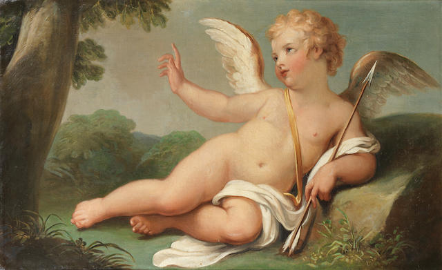 Follower of Anton Raphael Mengs (Aussig 1728-1779 Rome) Cupid before an Italianate landscape