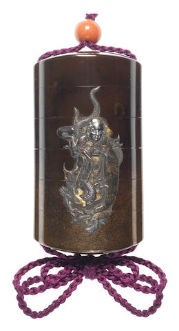 A black lacquer and metal inlaid five-case inro  By Shokasai, 19th century