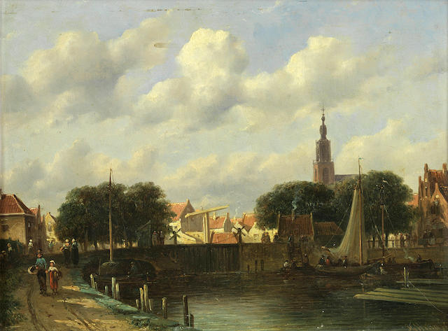 Pieter Gerardus Vertin (Dutch, 1819-1893) Figures by a canal