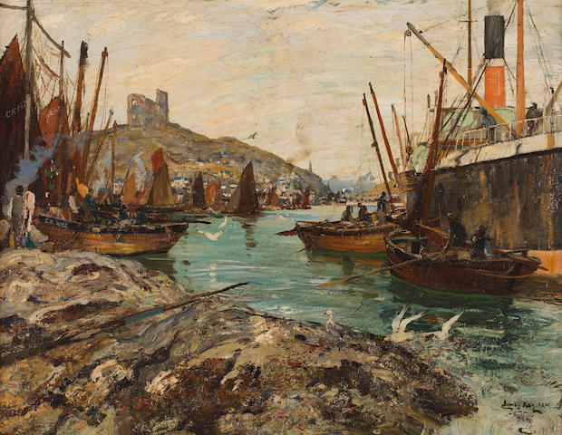 James Kay RSA RSW (British, 1858-1942) Tarbert Harbour 70 x 90 cm. (27 9/16 x 35 7/16 in.)