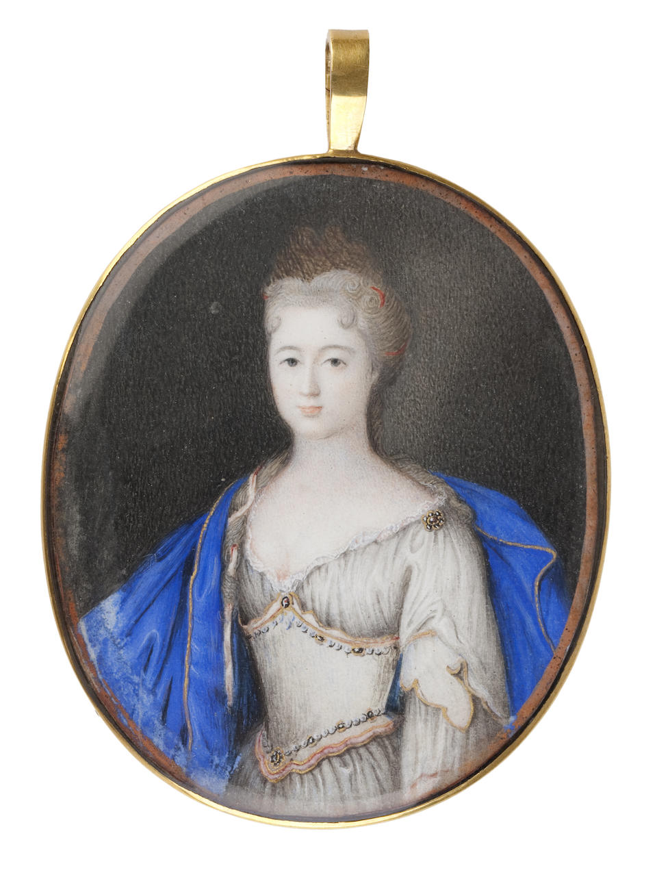 Scottish School, 19th Century Charles Edward Stuart, The Young Pretender 3 x 3 cm. (1 3/16 x 1 3/16 in.) In a jewelled pendant with a fleur-de-lis motif