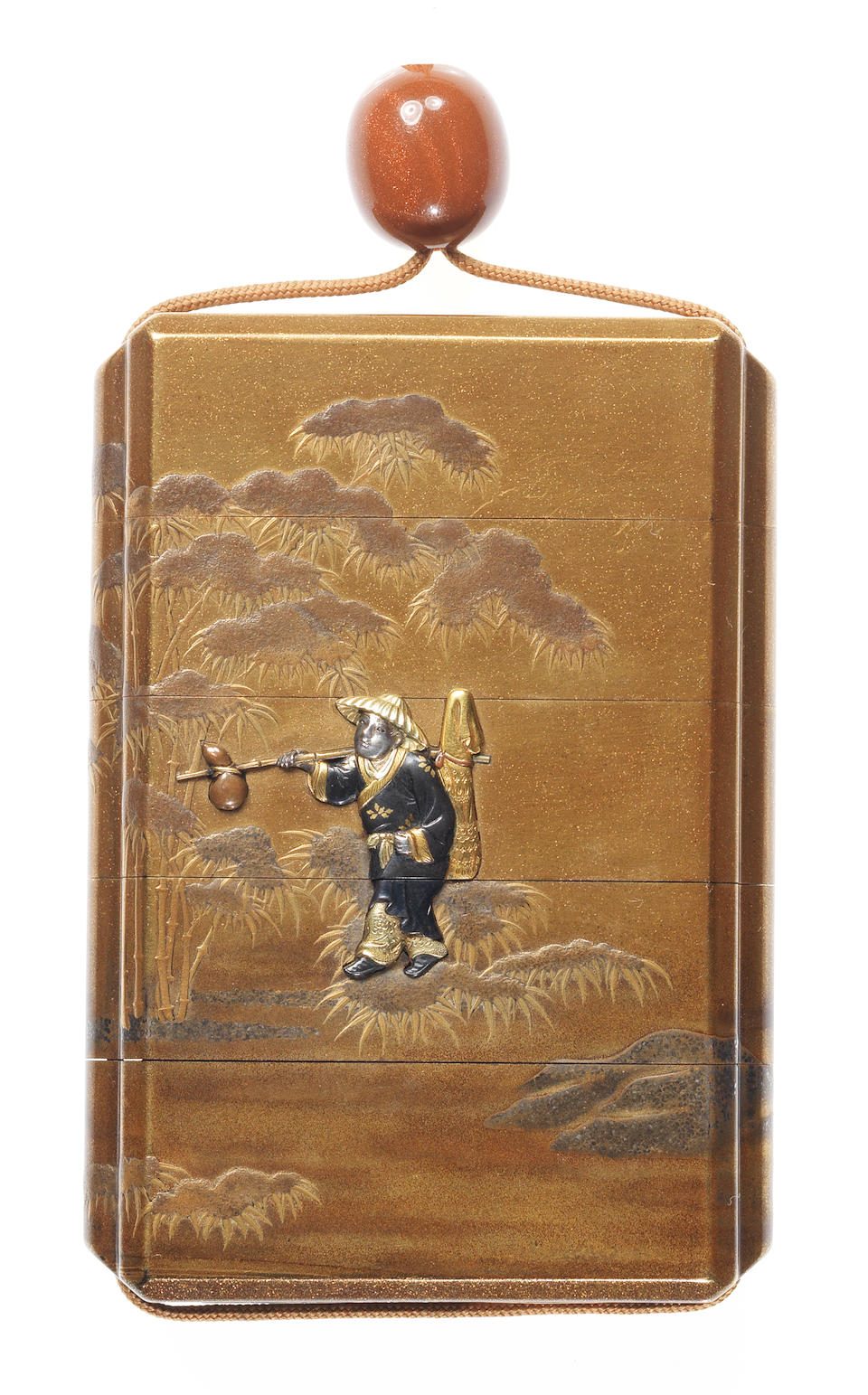 A gold lacquer and metal-inlaid four-case inro The metalwork by Unno Moritoshi (1837-1896), 19th century