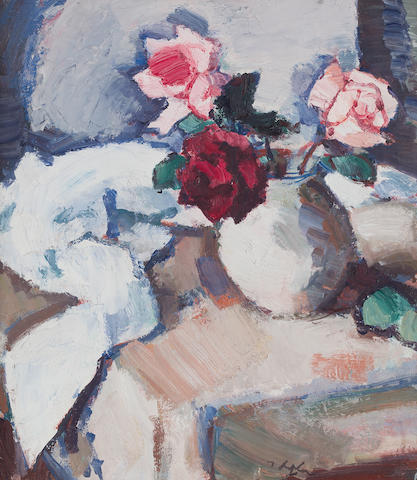 Samuel John Peploe RSA (British, 1871-1935) Dark Roses in Pot 44.5 x 39.5 cm. (17 1/2 x 15 9/16 in.)